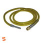 Yellow translucent steel fuel hose assembly with coiled tubing, metal nozzle, and threaded connector