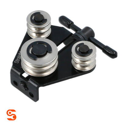Black brake pipe bender and straightener tool with three silver metal rollers and a threaded adjustment handle