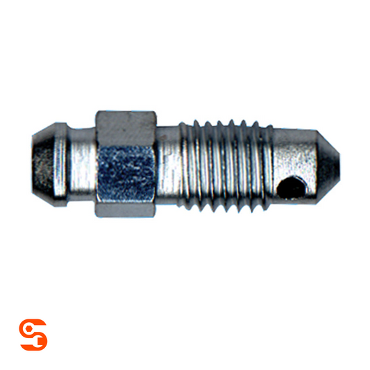 Steel bleeder screw with hex center, threaded shaft, side hole, and silver metal finish