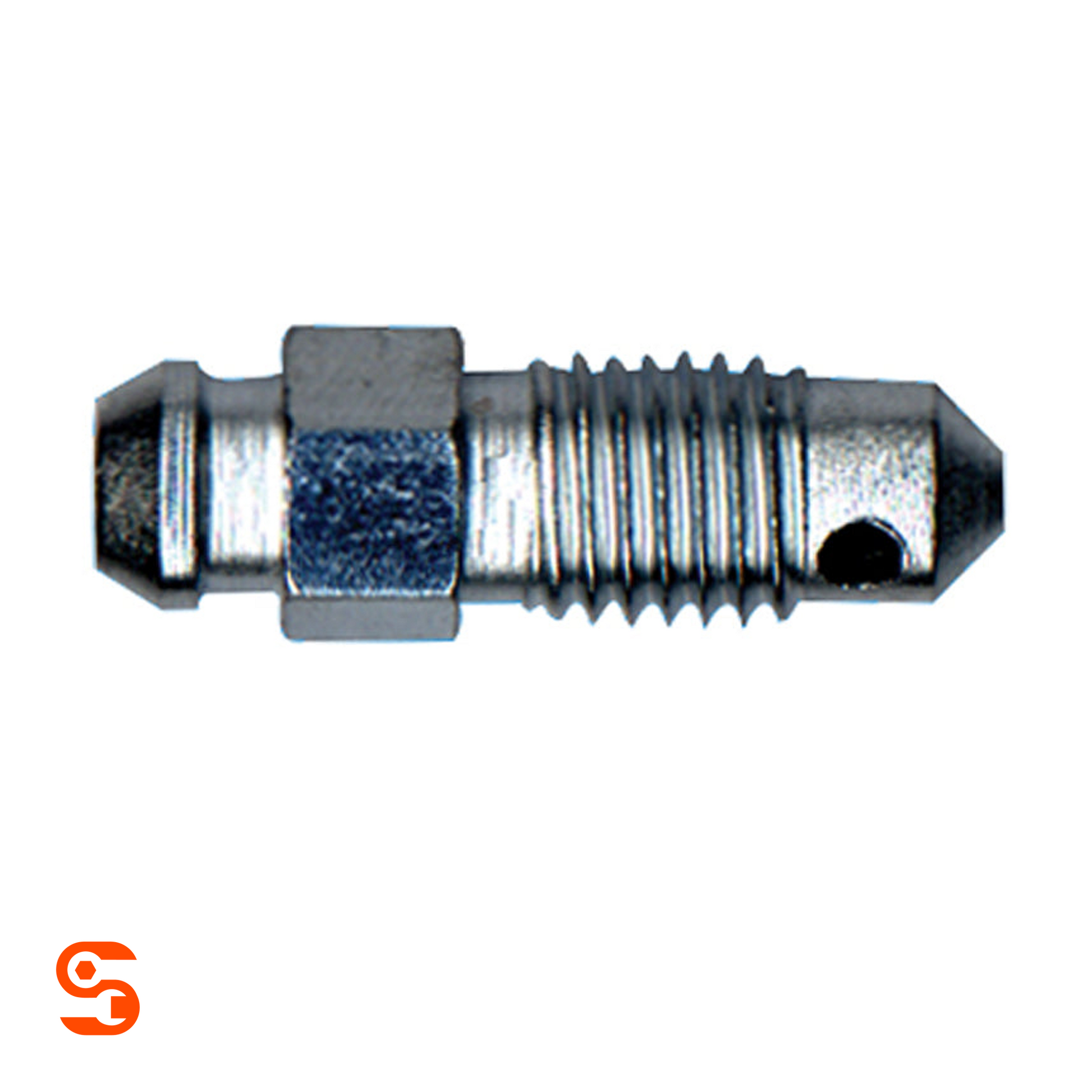 Silver steel bleeder screw with hex base, threaded shaft, tapered tips, and side hole