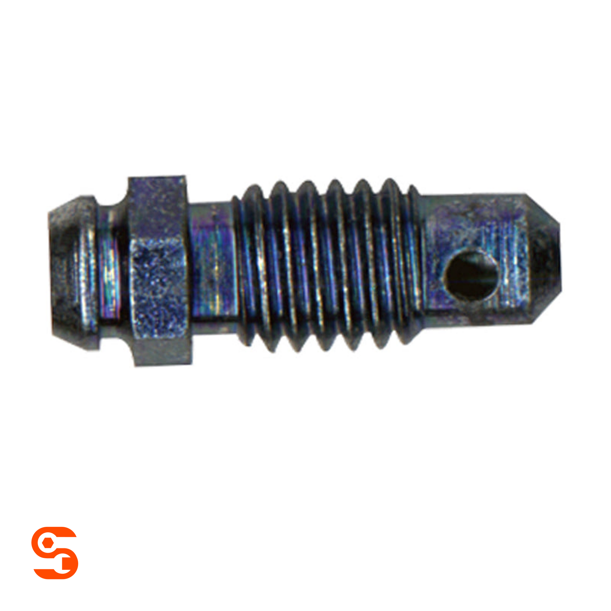 Steel M8x1.25 bleeder screw with hex head, threaded body, drilled tip, and dark plated finish