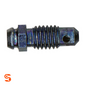 Steel M8x1.25 bleeder screw with hex head, threaded body, drilled tip, and dark plated finish