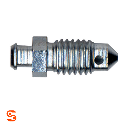 Steel bleeder screw with hex nut, threaded body, tapered tip and side hole in silver metal