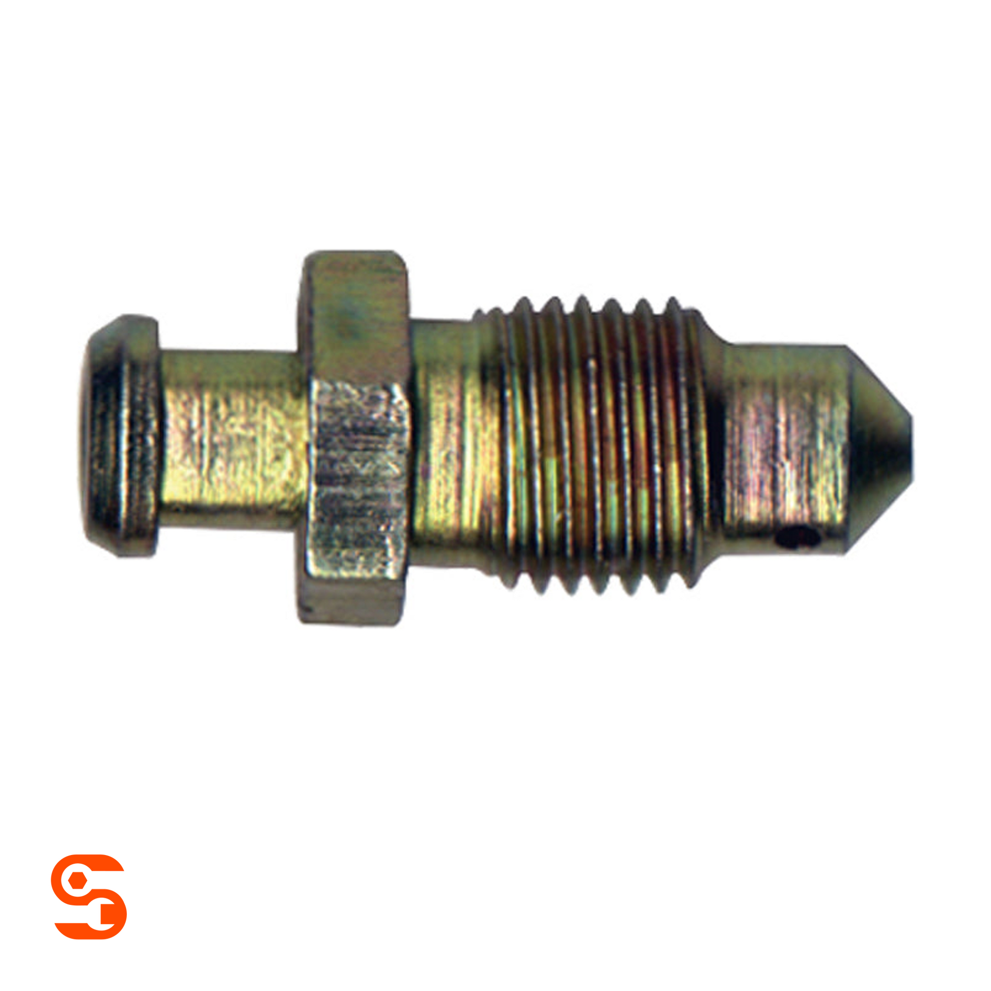 Steel M10x1.0 bleeder screw with hex nut, threaded body, and gold-toned metal finish