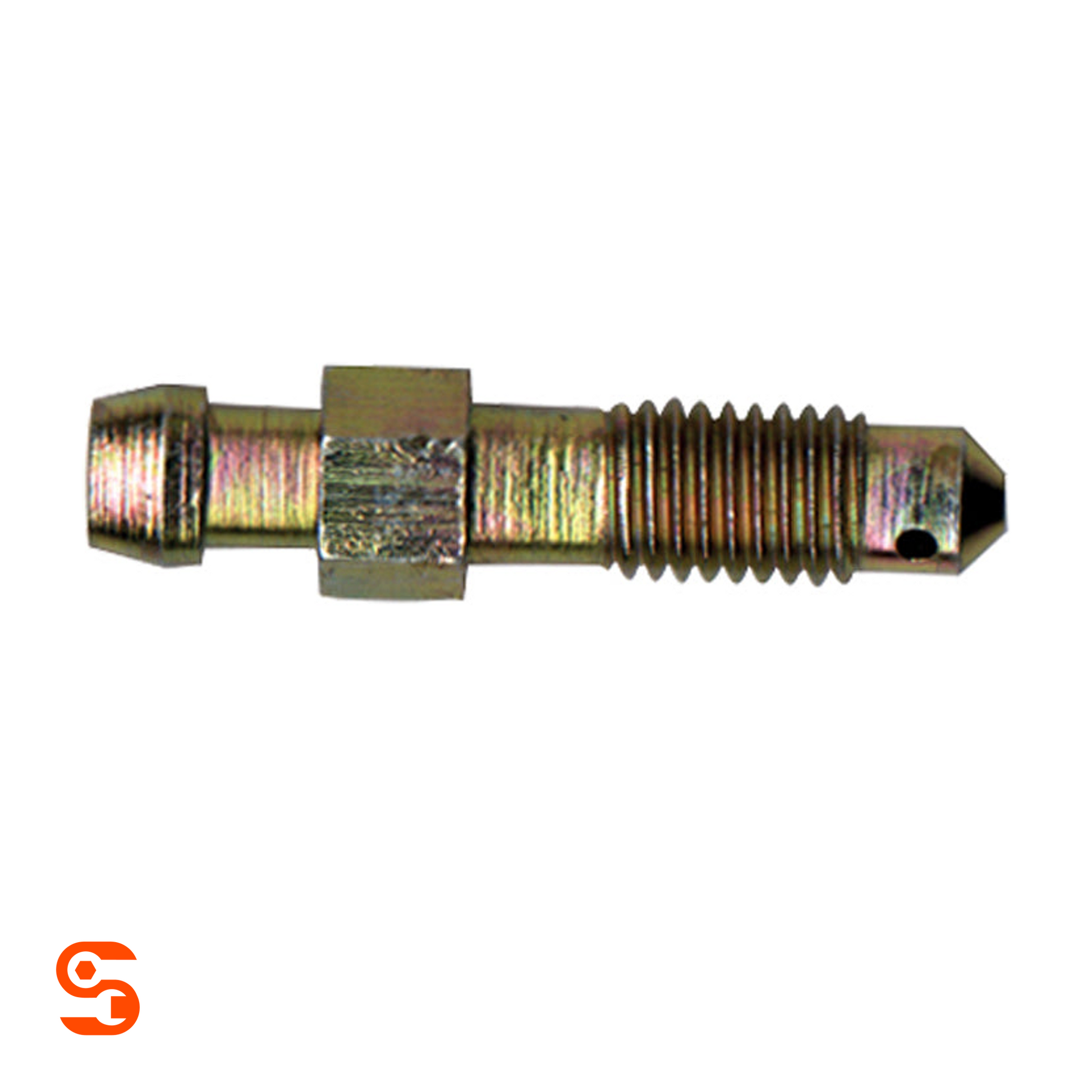 Steel bleeder screw with M7x1.0 threaded shaft, hex nut, tapered tip, and gold-toned metal finish