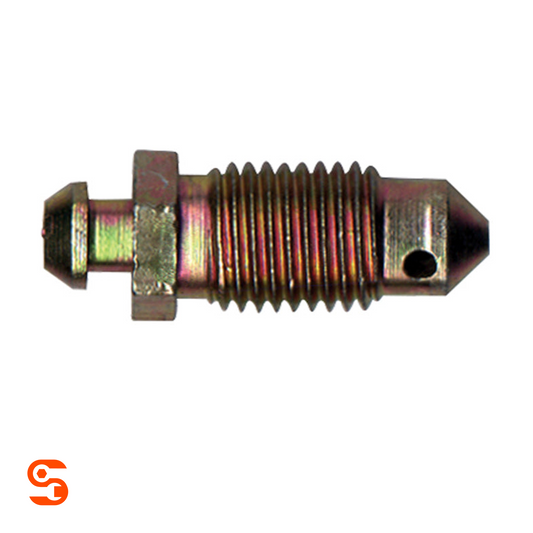 Steel bleeder screw with 7/16"-20 threads, hex nut, side hole, and iridescent metal finish