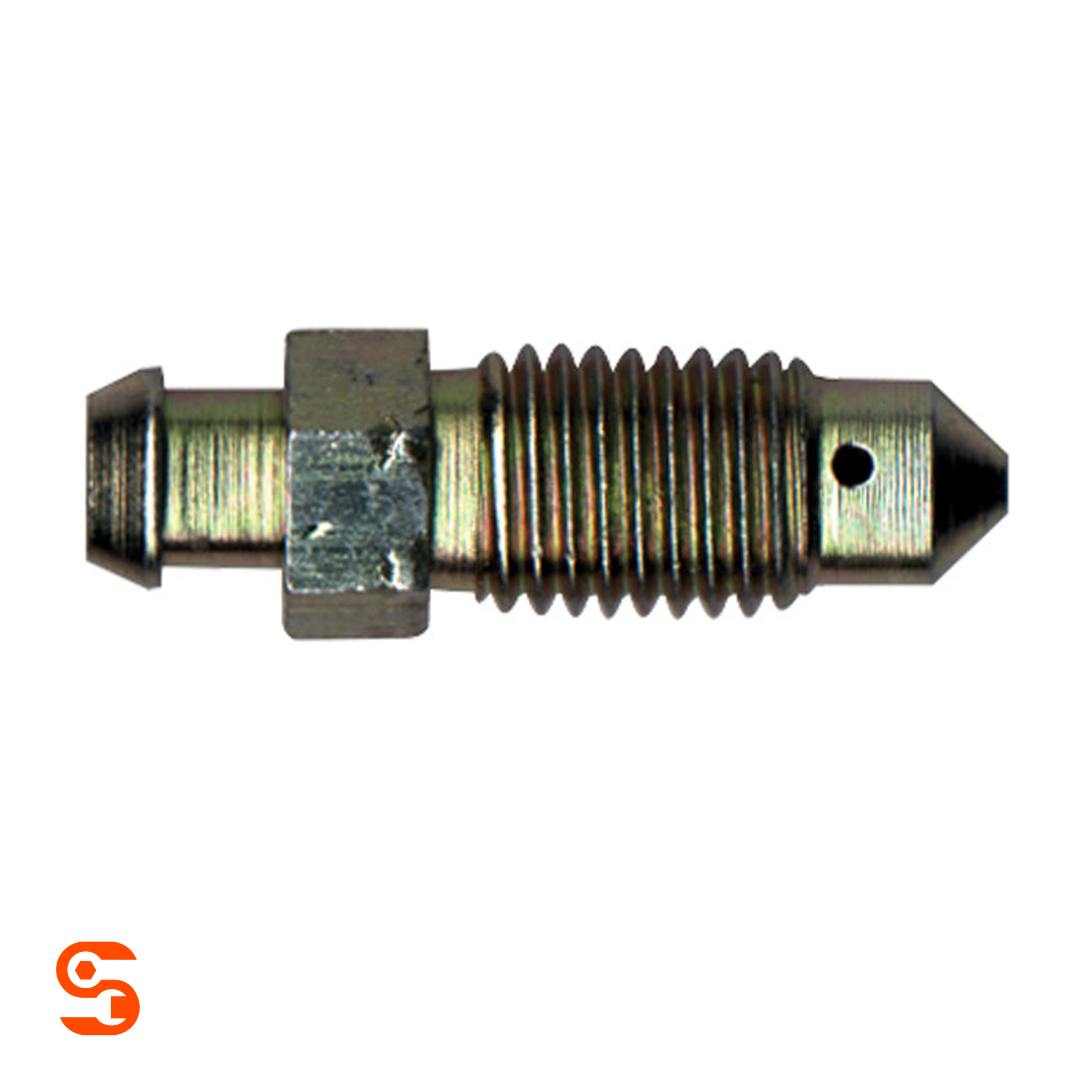 Steel bleeder screw with hex nut, threaded shaft, pointed tip, and side hole in zinc-toned metal