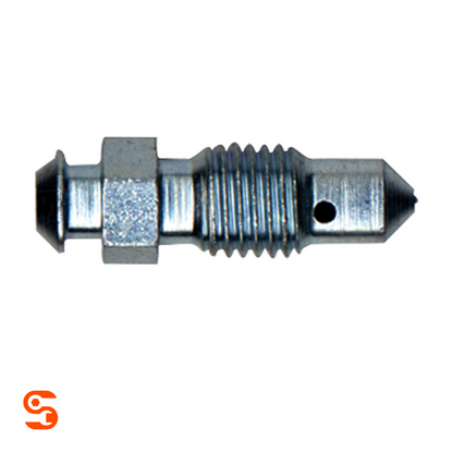 Steel bleeder screw with M8x1.0 threads, hex section, drilled tip, and silver metal finish