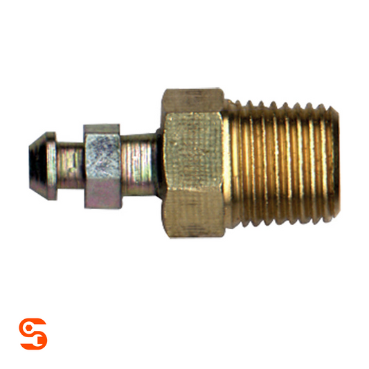Steel bleeder screw with brass hex body, threaded end, and small silver tip on a white background