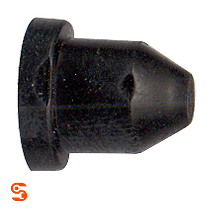 Black plastic bleeder screw cap with round flange and tapered end on white background