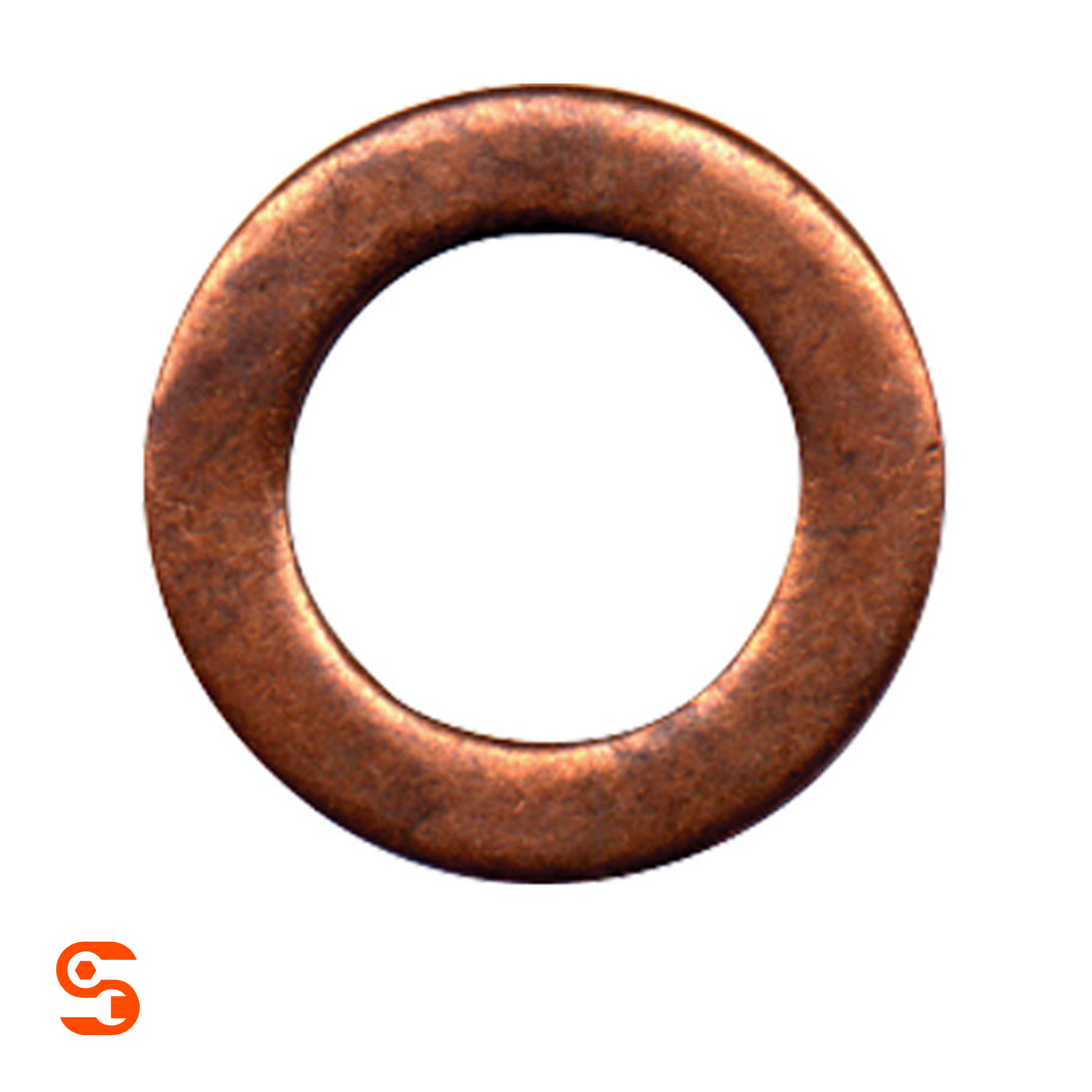 Single copper washer with round center hole and worn metallic finish