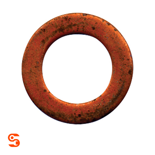 Copper washer with a round center hole, orange-brown metal surface, and dark tarnished spots