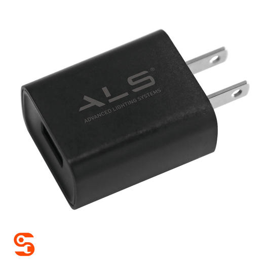 Black two-prong work lights adapter with USB port and ALS Advanced Lighting Systems logo