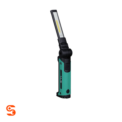 Teal and black articulating slim light with folding LED bar and power button on a white background