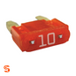 Red 10 amp ATM mini automotive blade fuse with translucent plastic body and metal terminals