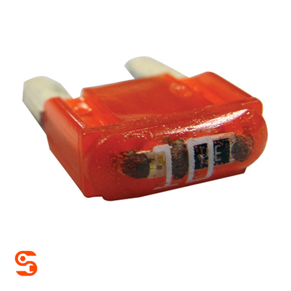 Red 10 amp ATM mini automotive blade fuse with translucent plastic body and two metal prongs
