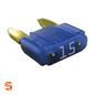 Blue 15 amp ATM mini automotive blade fuse with translucent plastic body and two metal prongs
