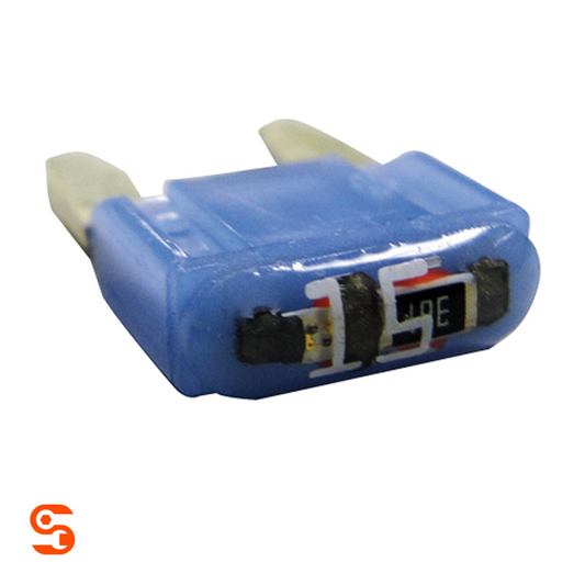 Blue 15 amp ATM mini automotive fuse with translucent plastic body and two metal blades