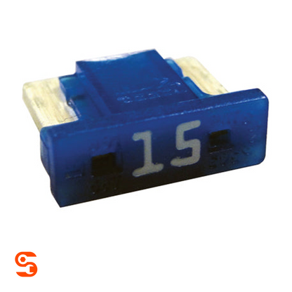 Blue 15 amp low profile ATM mini automotive fuse with metal terminals on a white background