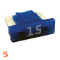 Blue 15 amp low profile ATM mini automotive fuse with metal terminals on a white background