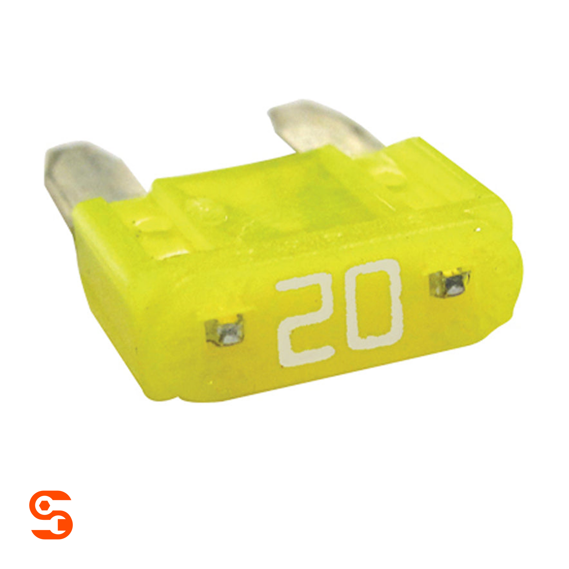 Yellow 20 amp ATM mini automotive blade fuse with translucent plastic body and two metal prongs