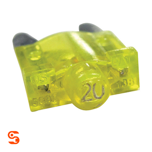 Yellow translucent 20 amp ATM mini automotive fuse with gray contacts on a white background