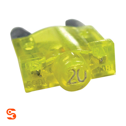 Yellow translucent 20 amp ATM mini automotive fuse with gray contacts on a white background