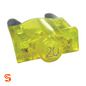 Yellow translucent 20 amp ATM mini automotive fuse with gray contacts on a white background