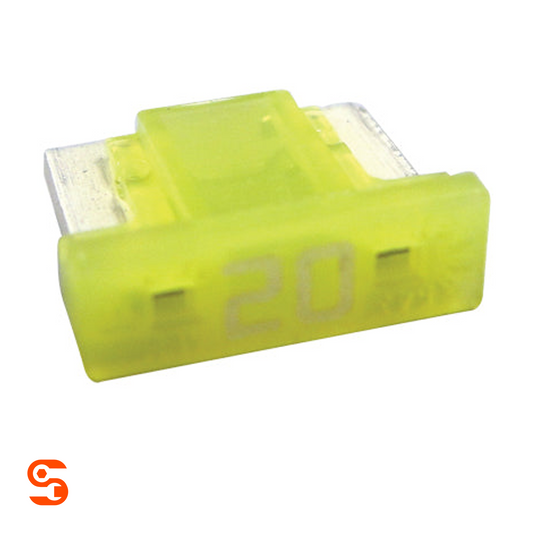 Yellow 20 amp low profile ATM mini automotive fuse with translucent plastic body and metal blades