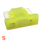 Yellow 20 amp low profile ATM mini automotive fuse with translucent plastic body and metal blades