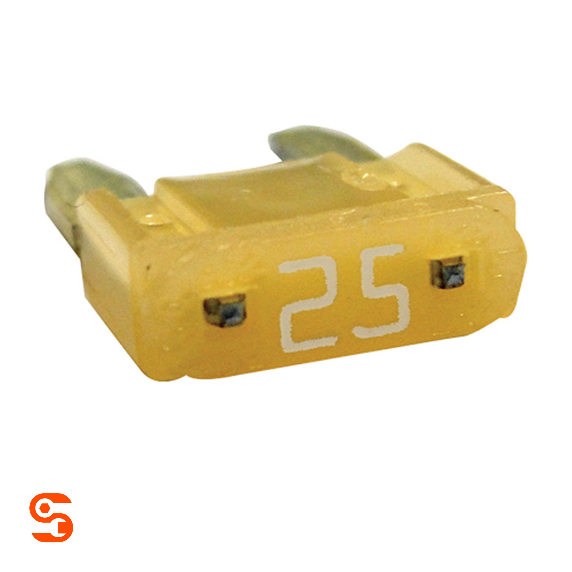Nude 25 amp ATM mini automotive blade fuse with white 25 marking and metal contacts