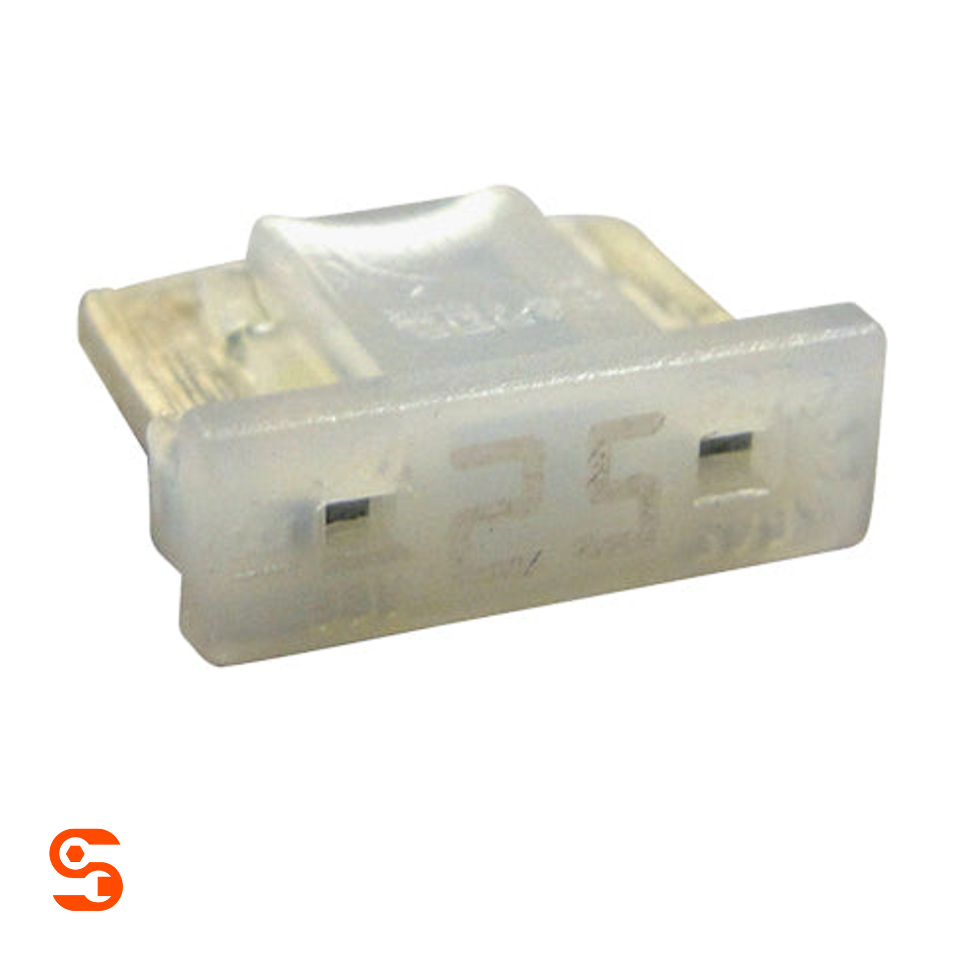 Clear 25 amp low profile ATM mini automotive fuse with translucent plastic body and visible metal contacts