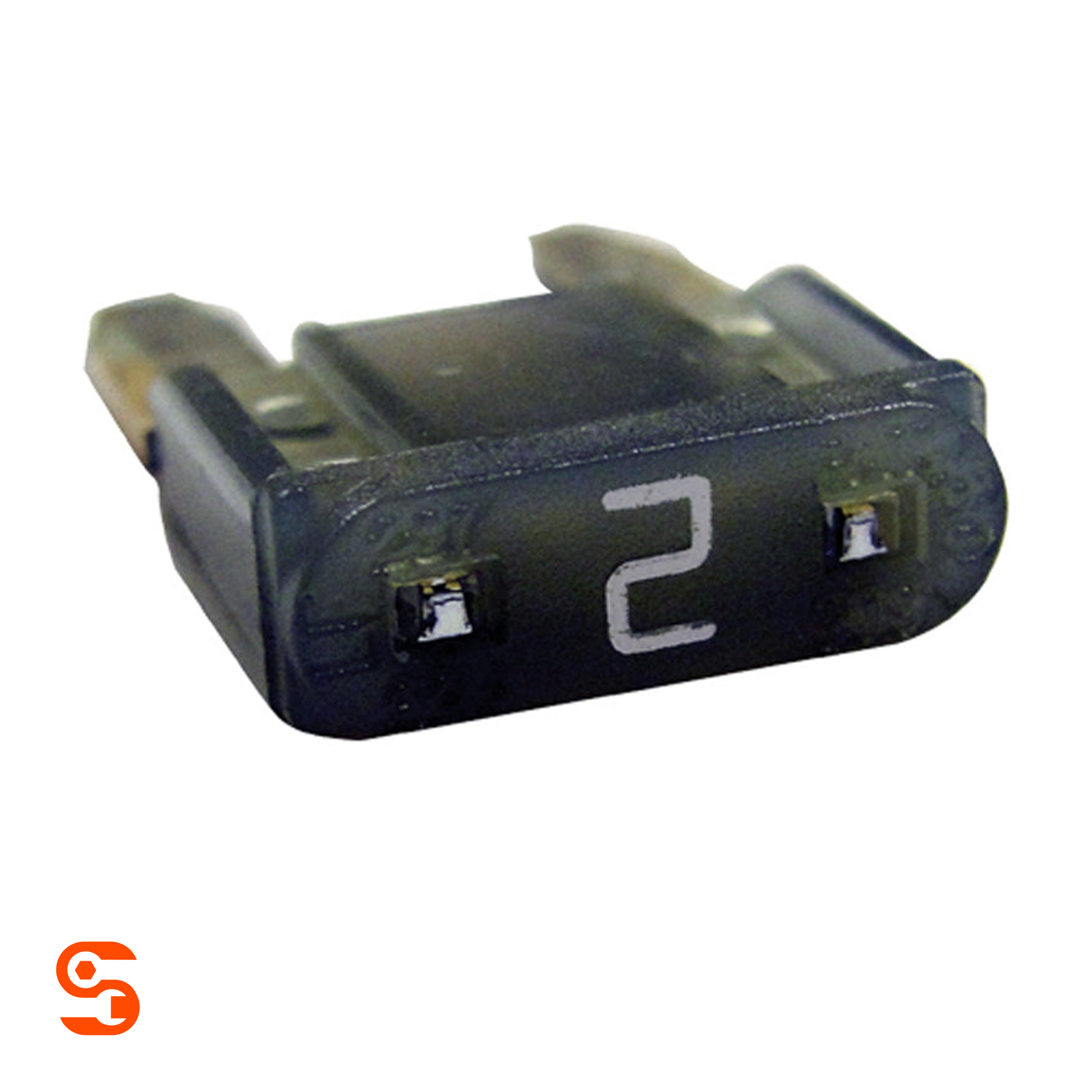 Gray 2 amp ATM mini automotive fuse with black translucent plastic body and silver number 2 marking