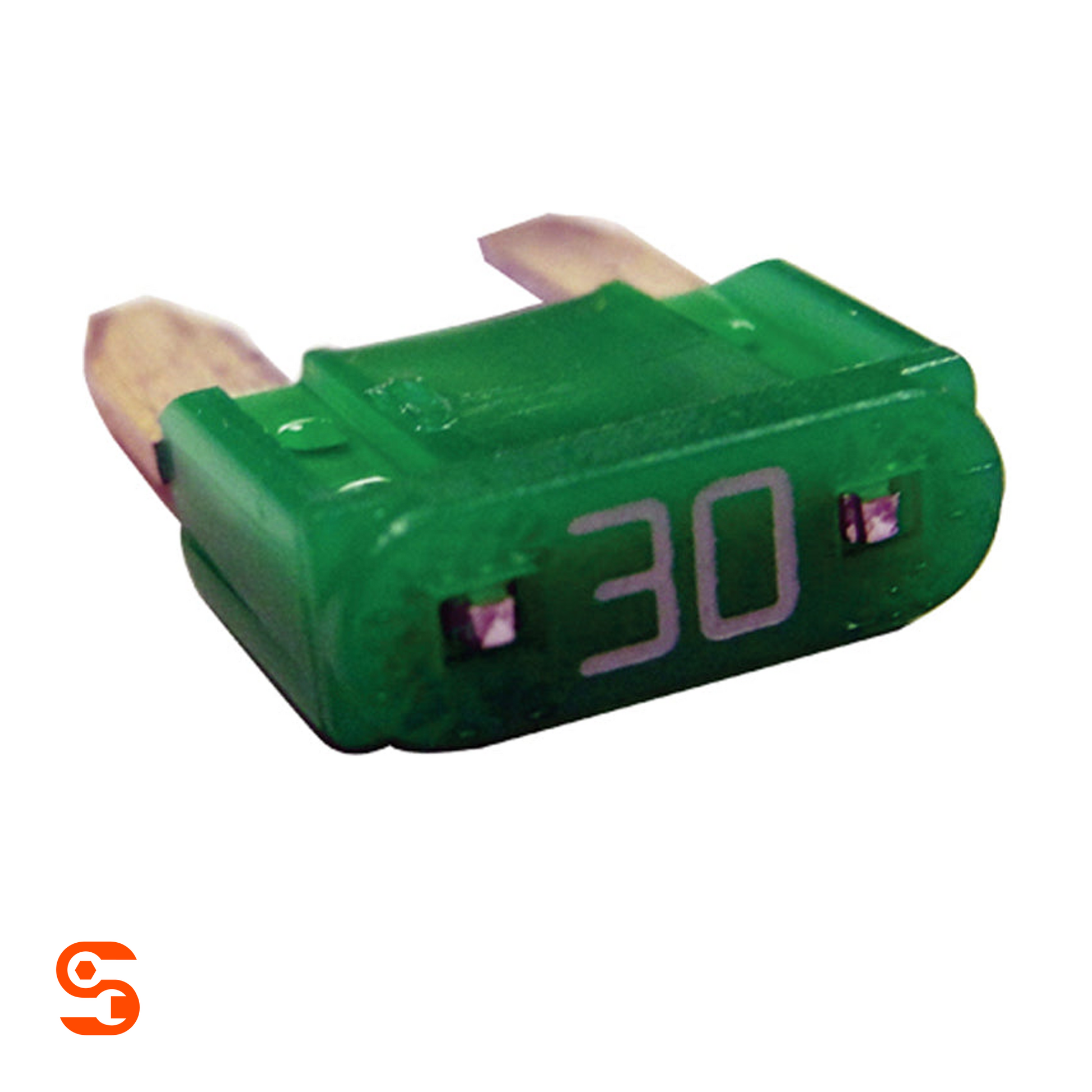 Green 30 amp ATM mini automotive blade fuse with translucent body and two metal prongs