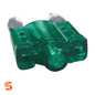Green transparent 30 amp ATM mini automotive blade fuse with metal terminals on a white background