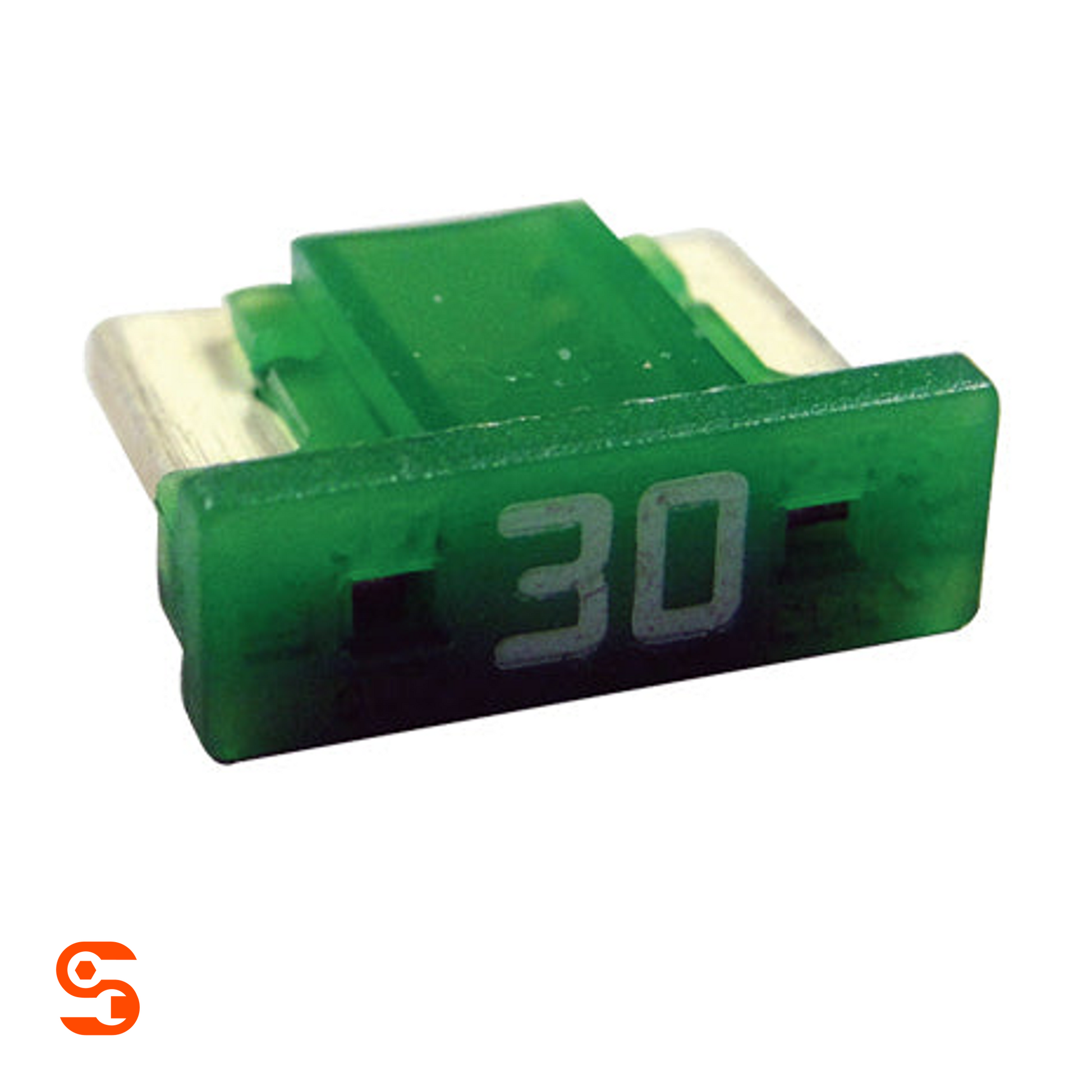 Green 30 amp low profile ATM mini automotive fuse with translucent plastic body and silver terminals
