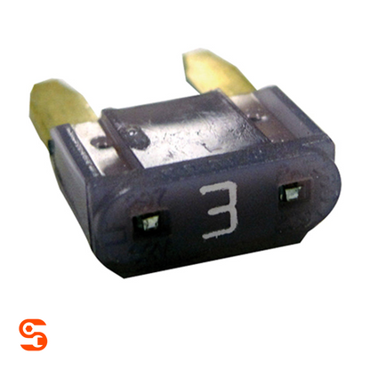 Purple 3 amp ATM mini automotive blade fuse with black translucent body and metal prongs