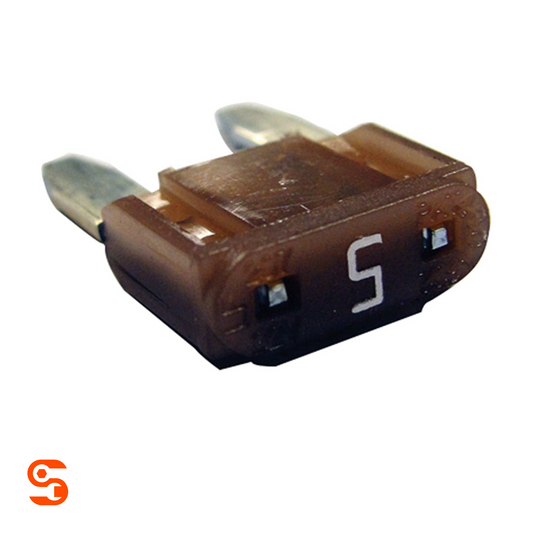 Brown 5 amp ATM mini automotive blade fuse with translucent plastic body and metal prongs