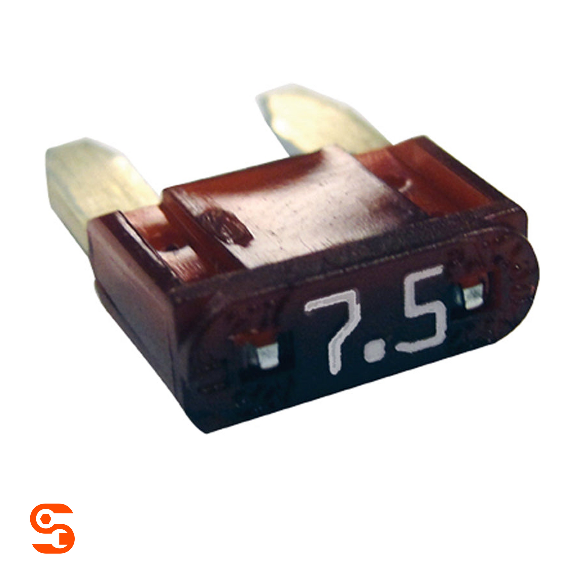 Maroon 7.5 amp ATM mini automotive blade fuse with silver terminals and white amperage marking