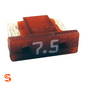 Red 7.5 amp low profile ATM mini automotive blade fuse with translucent plastic body