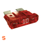 Red 10 amp ATO blade automotive fuse with translucent plastic body and two metal prongs