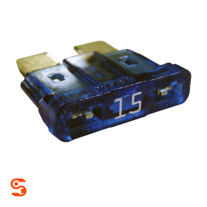 Blue 15 amp ATO blade automotive fuse with translucent plastic body and two metal prongs