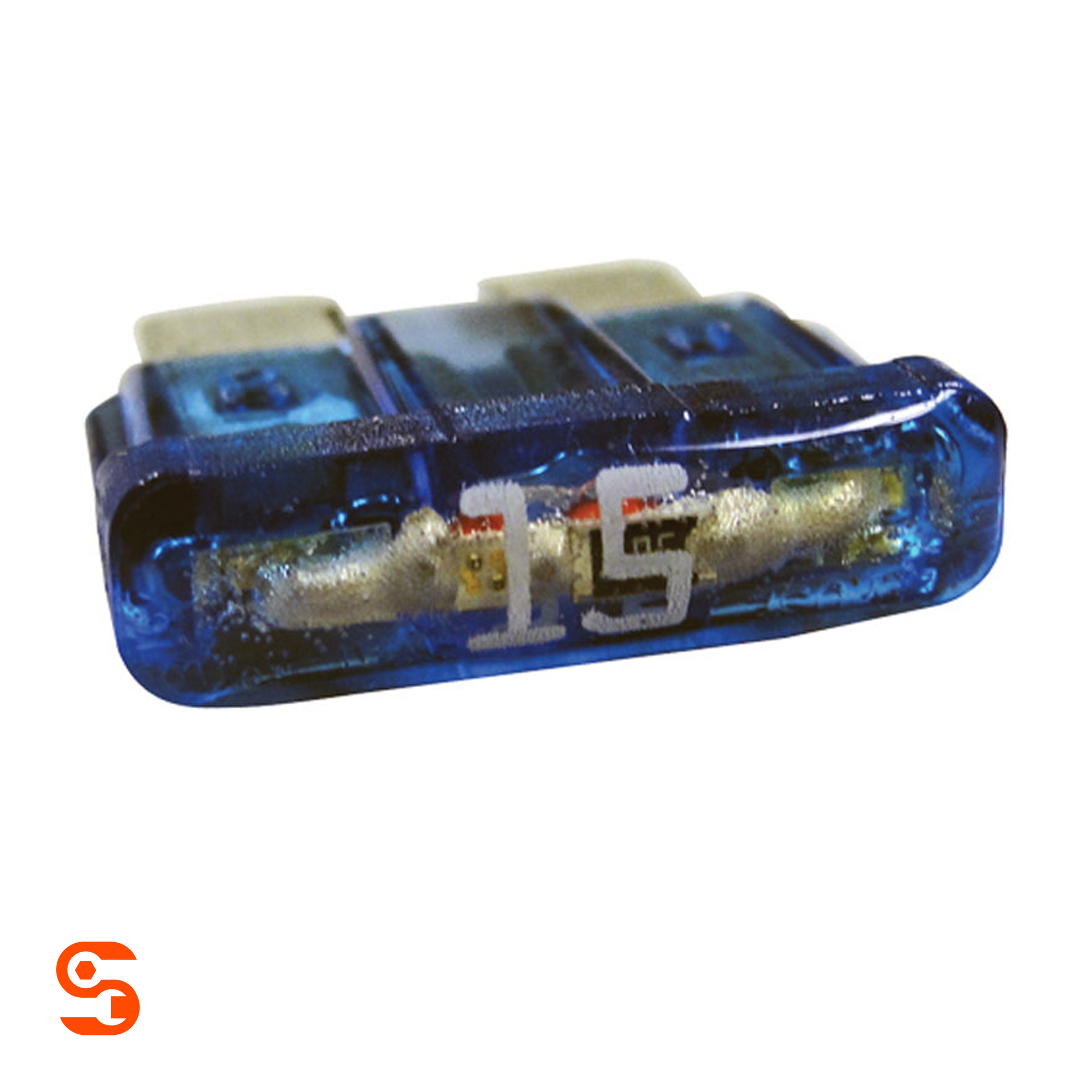 Blue translucent 15 amp ATO automotive blade fuse with visible metal strip and white 15 marking