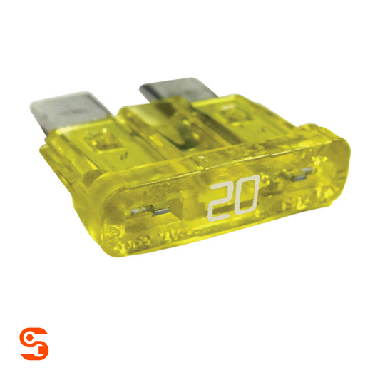 Yellow 20 amp ATO blade automotive fuse with translucent plastic body and metal prongs