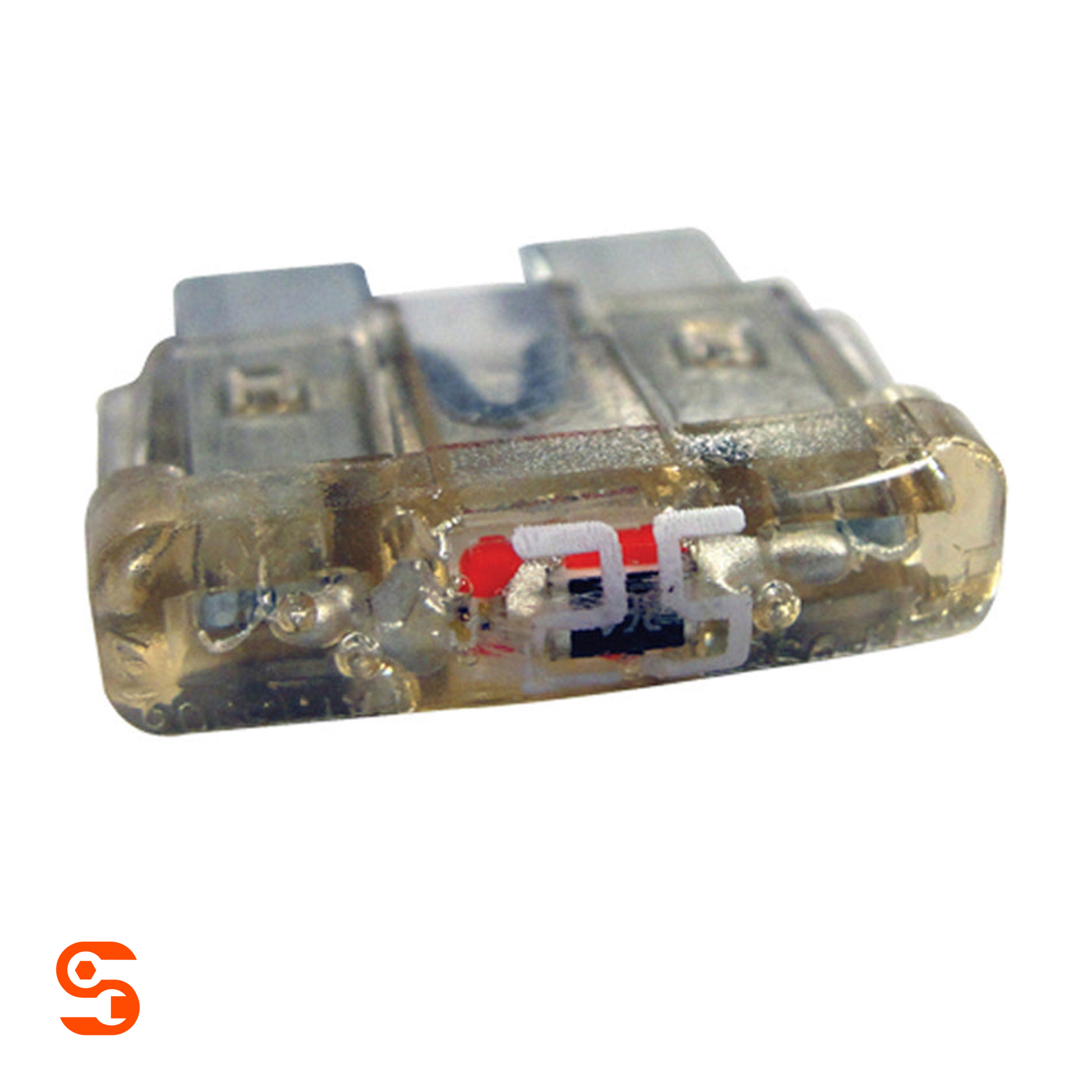 Clear 25 amp ATO automotive blade fuse with translucent housing and visible internal metal contacts