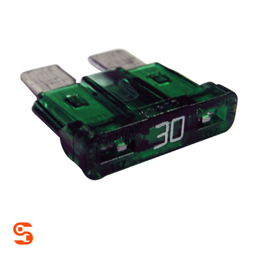 Green 30 amp ATO blade automotive fuse with translucent plastic body and two metal prongs
