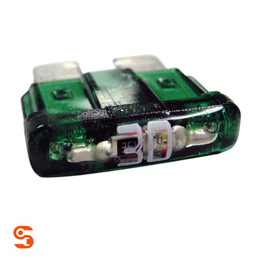 Green 30 amp ATO automotive fuse with translucent plastic body and visible metal contacts
