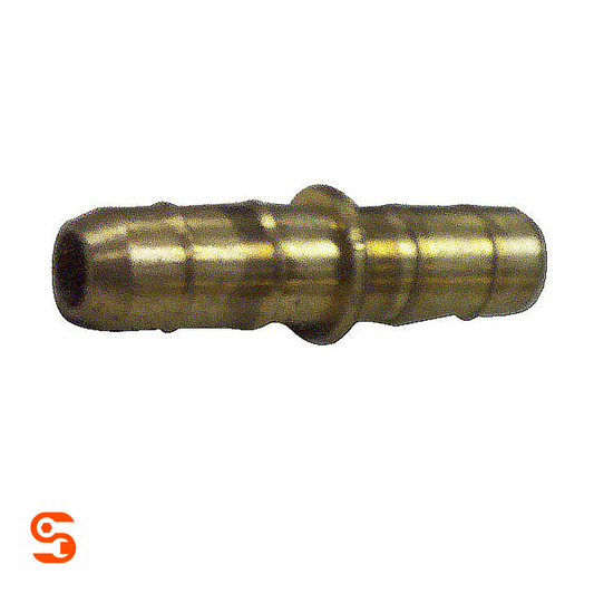 Brass fuel line splice joiner with ribbed ends and central raised collar on a white background