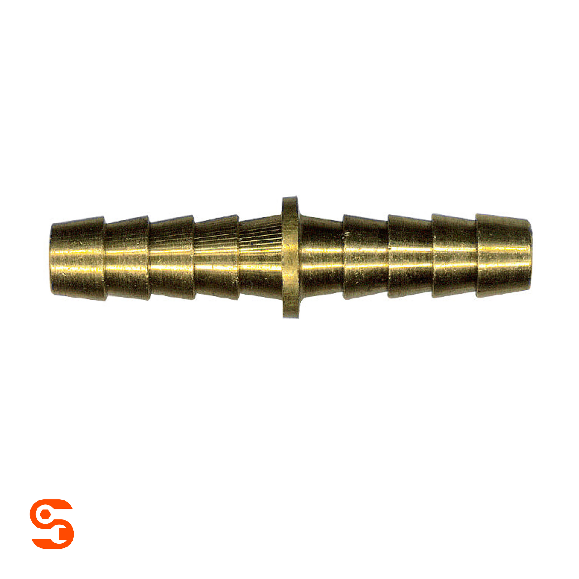 Brass barbed fuel line splice joiner with stepped ridges and center stop flange on a white background