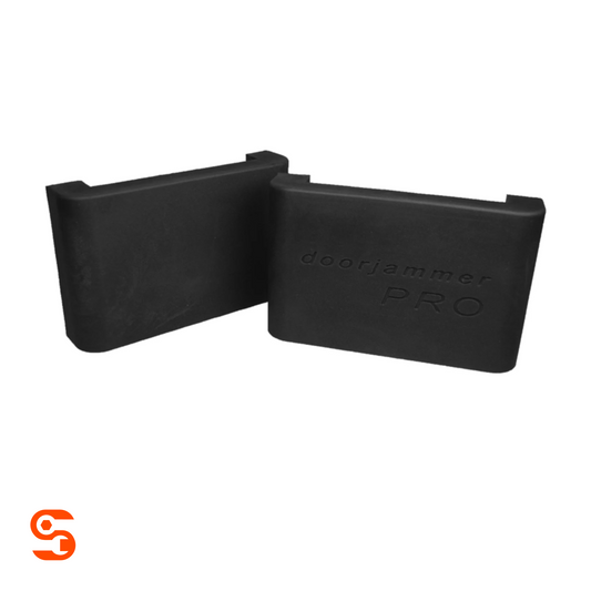 Pair of black DoorJammer Pro car door protectors with rounded corners and embossed logo